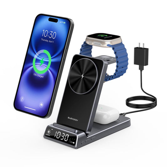 Station de recharge magnétique 3 en 1 Elecdov CE19A pour Apple, avec prise de recharge incluse