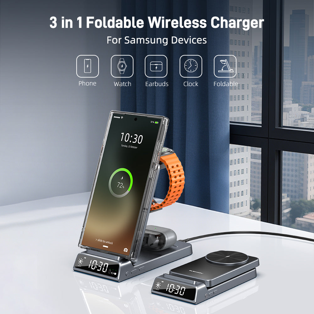 Magnetic Wireless Charger for Samsung, 3 in 1 Android Charging Station for Samsung Galaxy S26 Ultra/S25 Ultra/Z Fold/Flip 7, Foldable Charger for Samsung Galaxy Watch Ultra/8/7/Galaxy Buds4 (Gray)