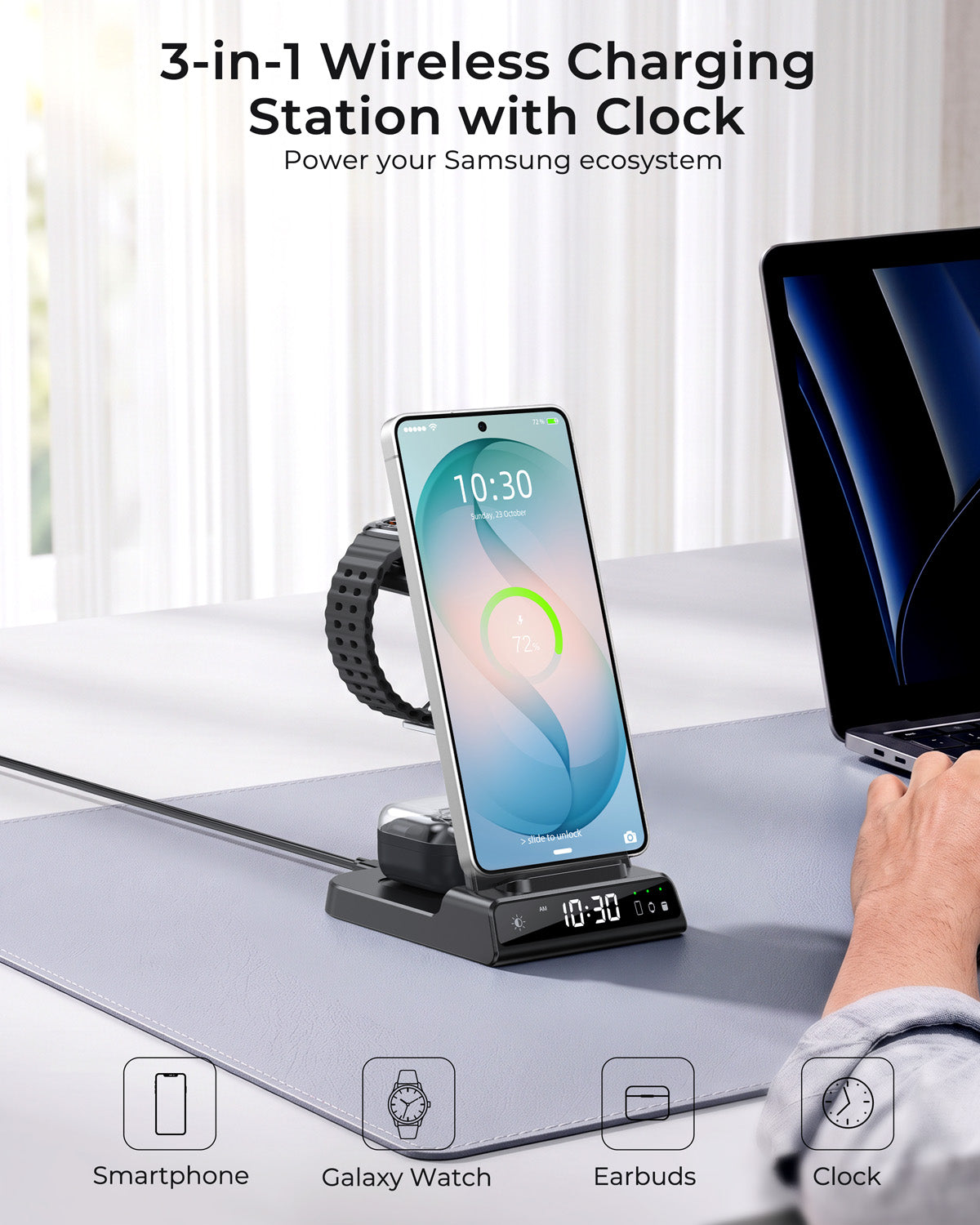 Station de charge magnétique 3-en-1 Elecdov C01 pour Samsung, avec adaptateur secteur inclus