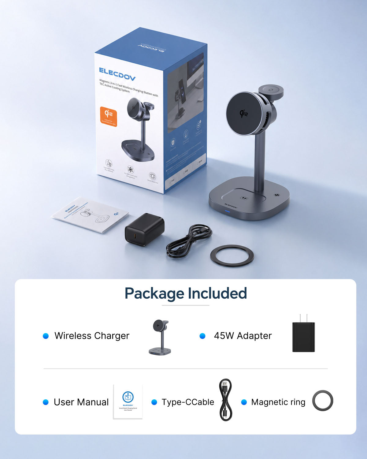 Station de recharge magnétique 3 en 1 Elecdov W98S pour chargeur Samsung certifié Qi2, prise d'alimentation incluse