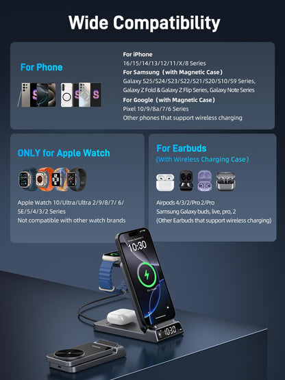 Elecdov Magnetic 3 in 1 Charging Station with Clock for Apple Devices